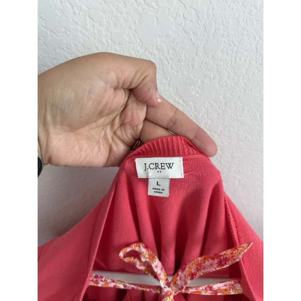 J.Crew Women's Size Large Orange‎ Pink Back Floral Bow Tie Short Puff Sleeve Top